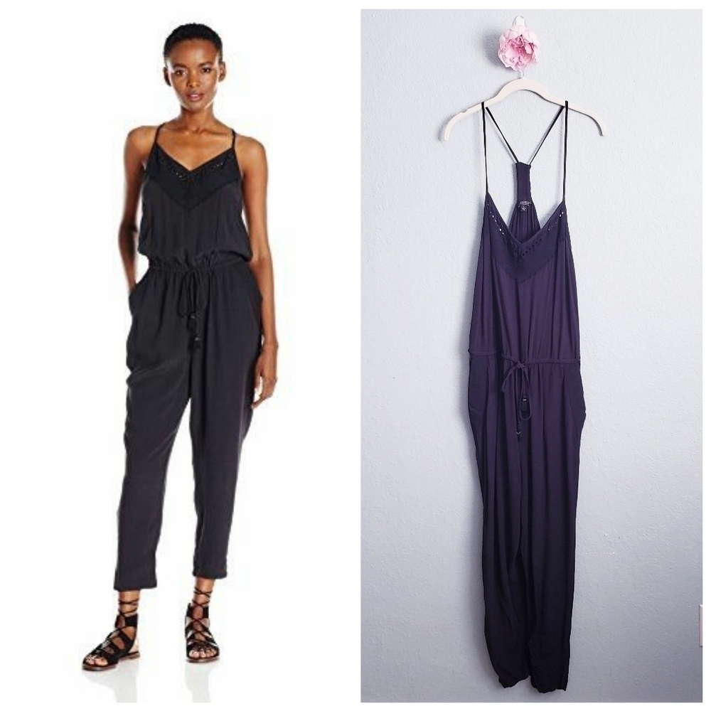 Lucky Brand Dark Charcoal Gray Embroidered Jumpsuit